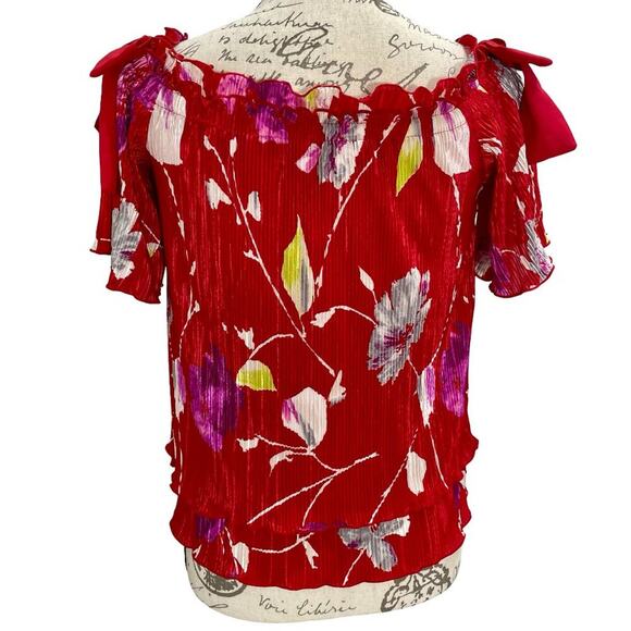 NEW Banana Republic Women's Blouse Red Satin Floral Bow Off-the-Shoulder Top XS - Picture 9 of 10